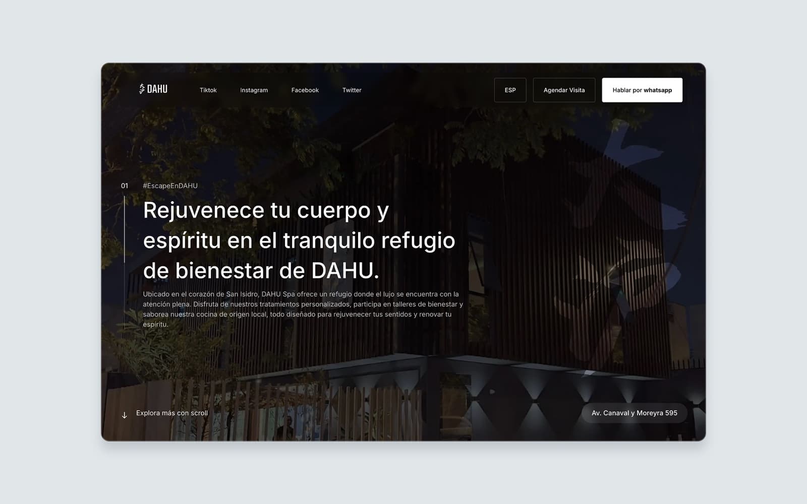 DAHU Spa — hero with the booking and WhatsApp buttons