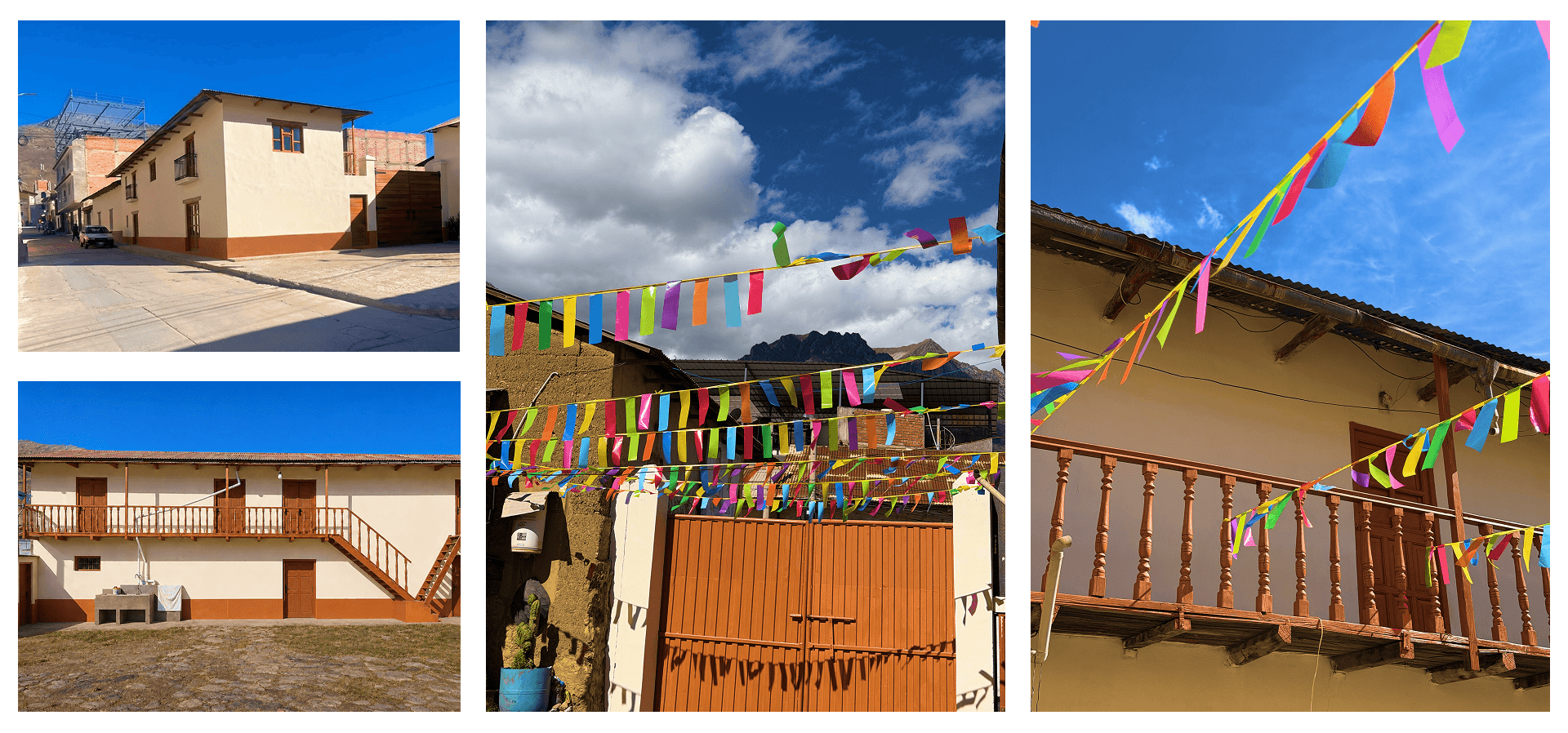 The house touched up in an Andean colonial tone and the courtyard with colored pennants