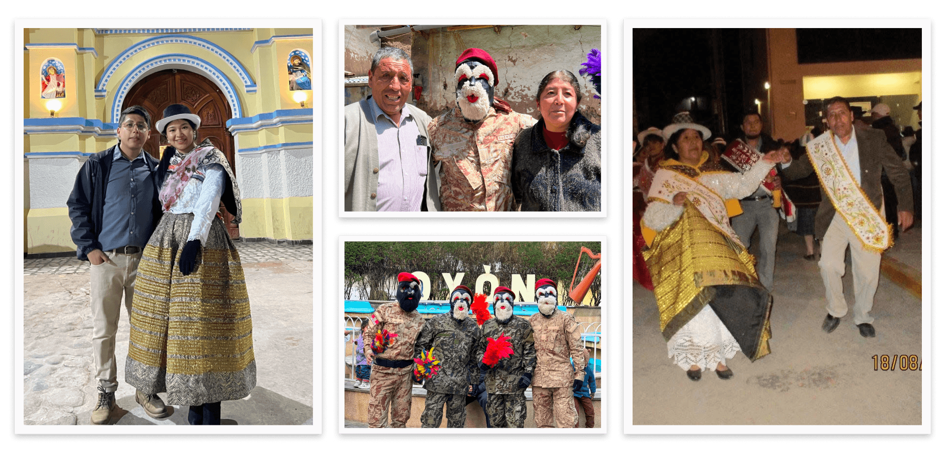 Fiesta photos from Oyón: two people in festive clothes in front of the church, and masked characters in red berets posing in town