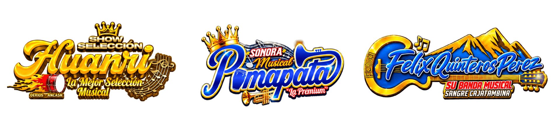 Logos of the three groups at the fiesta: Show Selección Huanri, Sonora Musical Pomapata and Félix Quinteros Pérez, su banda musical Sangre Cajatambina