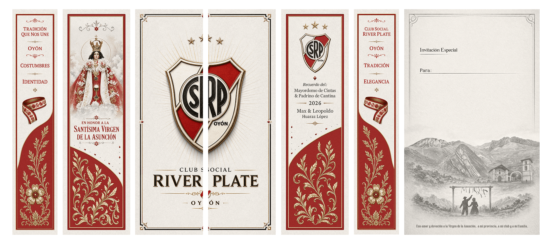 Design of the four side strips: Virgin of the Assumption, tradition, crest and keepsake